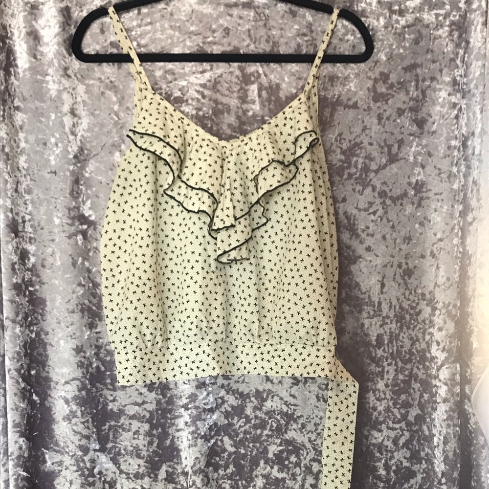 Strap Sleeve Bow Pattern Blk and White Ruffled Top